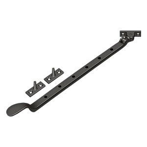 13-inch Colonial window casement stay adjuster with multiple finishes, includes two mounting brackets, sold individually.