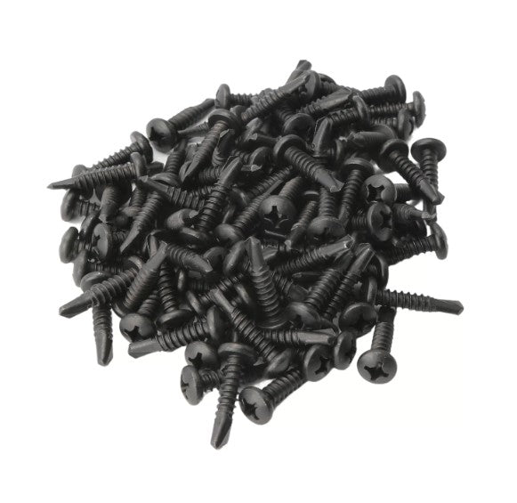 Black stainless steel #12 x 1" self-drilling screws suitable for metal, wood, and vinyl in 10 or 100 pack options.