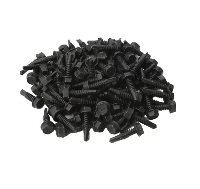 Black stainless steel self-drilling bolts, 1 inch long, suitable for vinyl without metal stiffener, available in 10 or 100 pack.