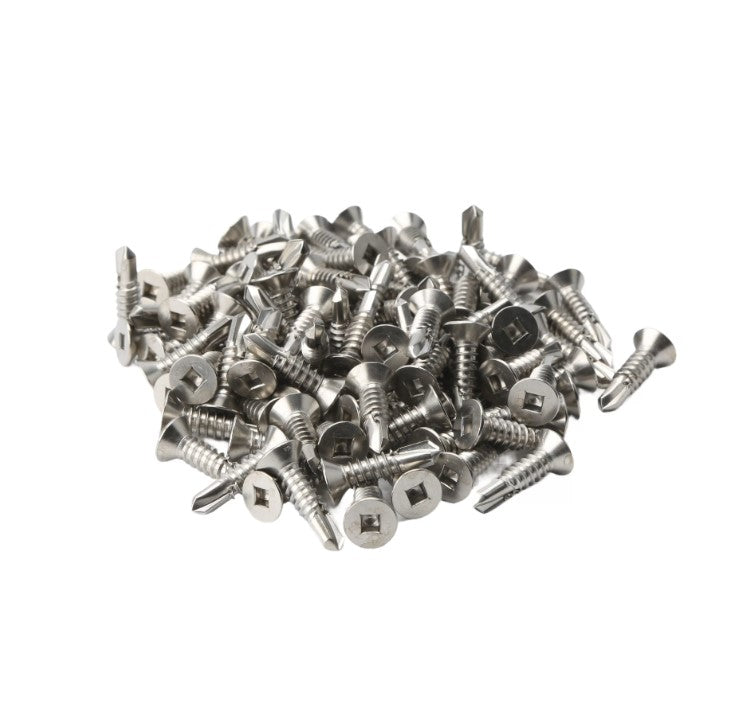 Stainless steel #14 x 1" self-drilling screws for metal, available in packs of 10 or 100 for various applications.