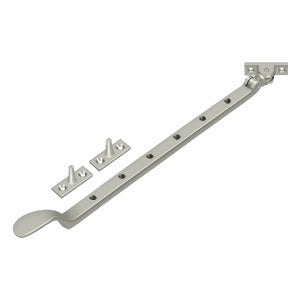 13-inch colonial window casement stay adjuster with multiple finishes, includes mounting brackets, sold individually.