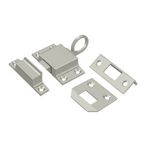 Transom window catch set includes a latch and strike plates, available in multiple finishes for versatile use.