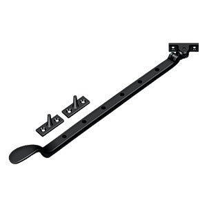 13-inch colonial window casement stay adjuster in black, includes two mounting brackets, available in multiple finishes.