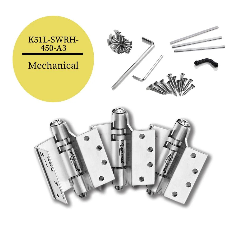 Mechanical adjustable swing clear hinges in stainless steel, 4.5” x 4.5”, fire-rated, sold in a 3 pack with screws and tools.