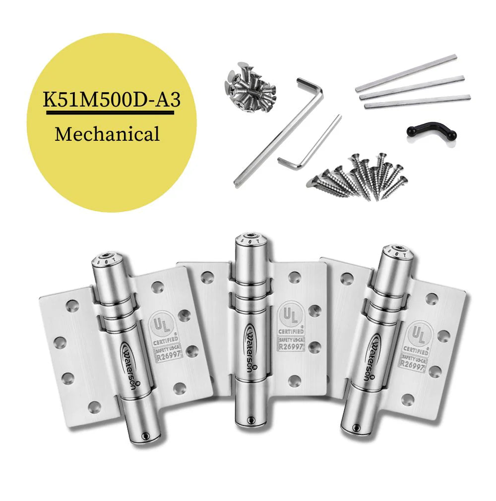 Mechanical adjustable self-closing hinge set in stainless steel for heavy doors, includes screws and tools, 3-pack.