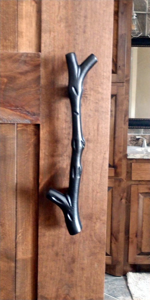 Tree branch handle pull for barn doors, 13-1/2 inches, available in multiple finishes, sold individually.
