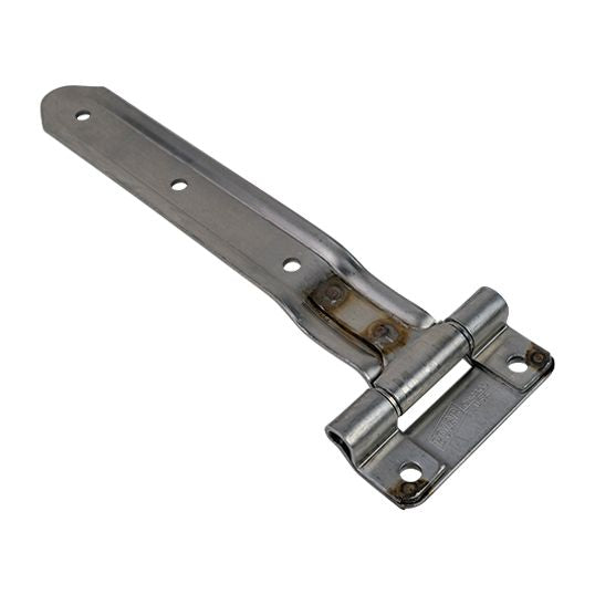 Embossed stainless steel square corner hinge with reverse brackets for trucks and trailers, available in multiple sizes.