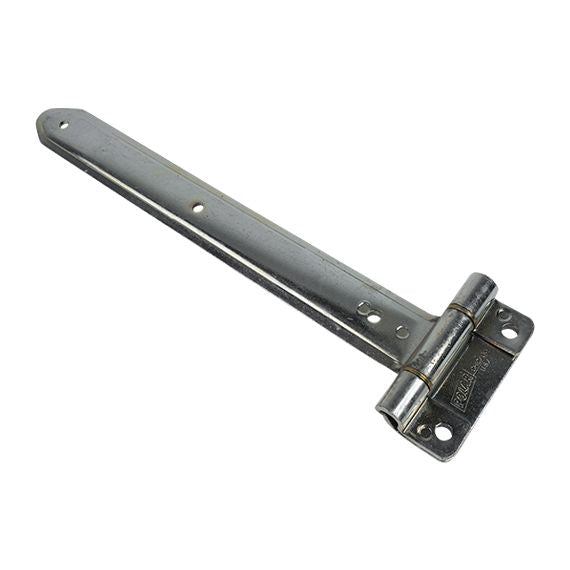Embossed steel truck and trailer hinge with narrow bracket for side and rear doors, zinc plated and sold individually.