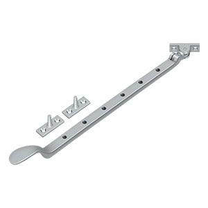 13-inch colonial window casement stay adjuster with multiple finishes, includes mounting brackets, sold individually.