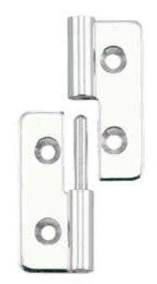 Stainless steel lift off hinges for cabinets, measuring 1-37/64" x 1-3/16", sold individually for easy installation.