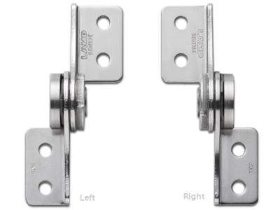 Stainless steel constant torque hinge for cabinets, featuring holes for easy installation, sold individually.