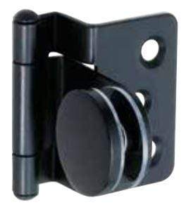 Half overlay glass door hinge for cabinets, available in multiple finishes, sold individually for versatile installation.