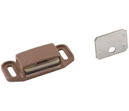 Magnetic cabinet catch in tan finish, 2 inches by 1-1/8 inches, sold in a pack of 10 for secure closures.