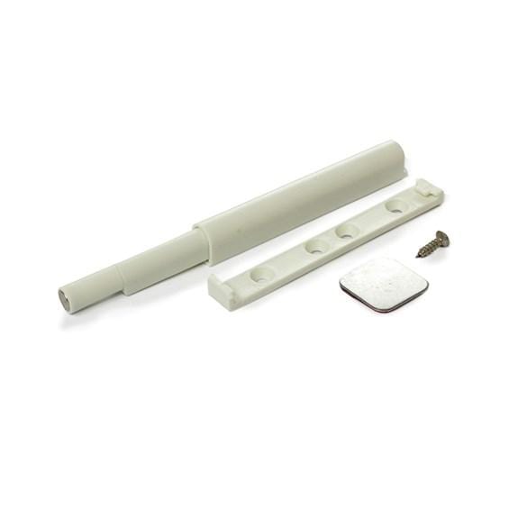 Skinny impulse touch catch in white finish for cabinets, includes catch, plate, and screw for easy installation.