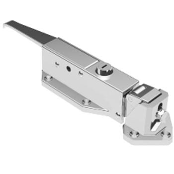 Key locking safety latch in polished stainless steel, available with multiple offsets, sold individually for refrigeration use.