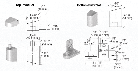 Aluminum pivot door hinges for metal frame doors, designed for face frame applications with detailed dimensions.