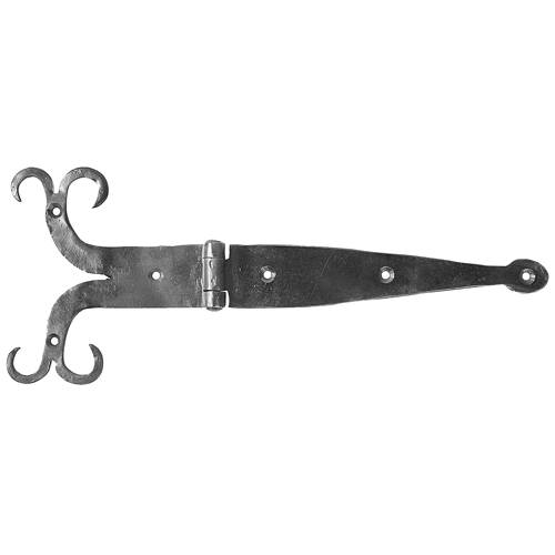 Decorative double curl strap hinge for gates, forged steel, 14-9/16" x 5-7/8", sold individually for durability and style.