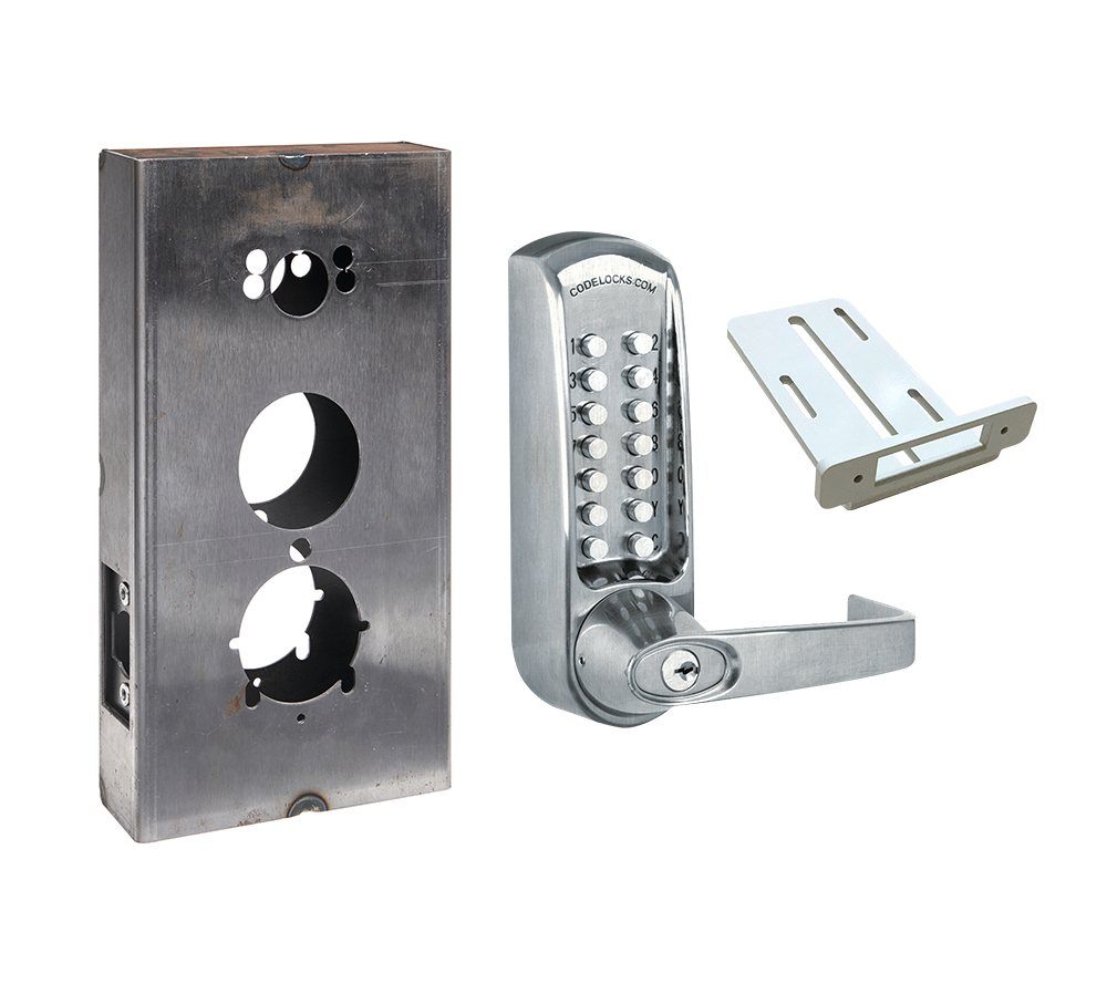 Heavy-duty steel gate lock kit with mechanical latchbolt, quick code change feature, and multiple finish options.