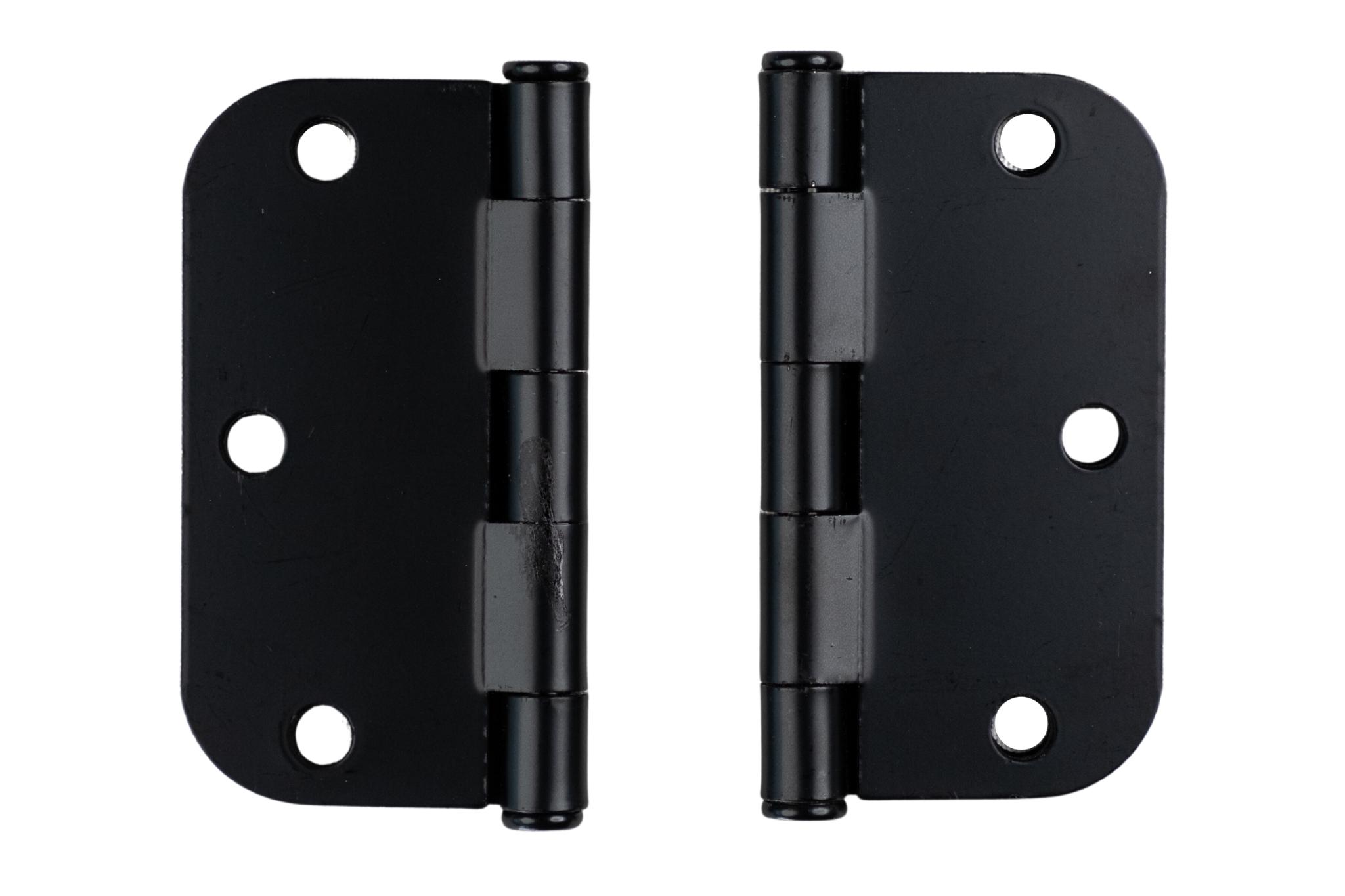 Plain bearing black residential door hinges, 3.5 inches with 5/8 inch radius, sold in a 2 pack for durability.