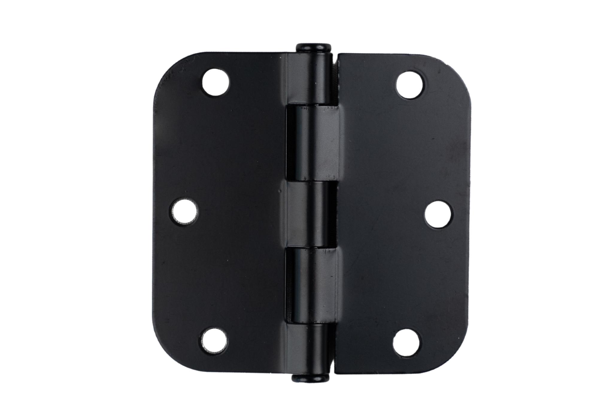 Plain bearing black residential door hinges, 3.5 inches with 5/8 inch radius, sold in a 2 pack for easy installation.