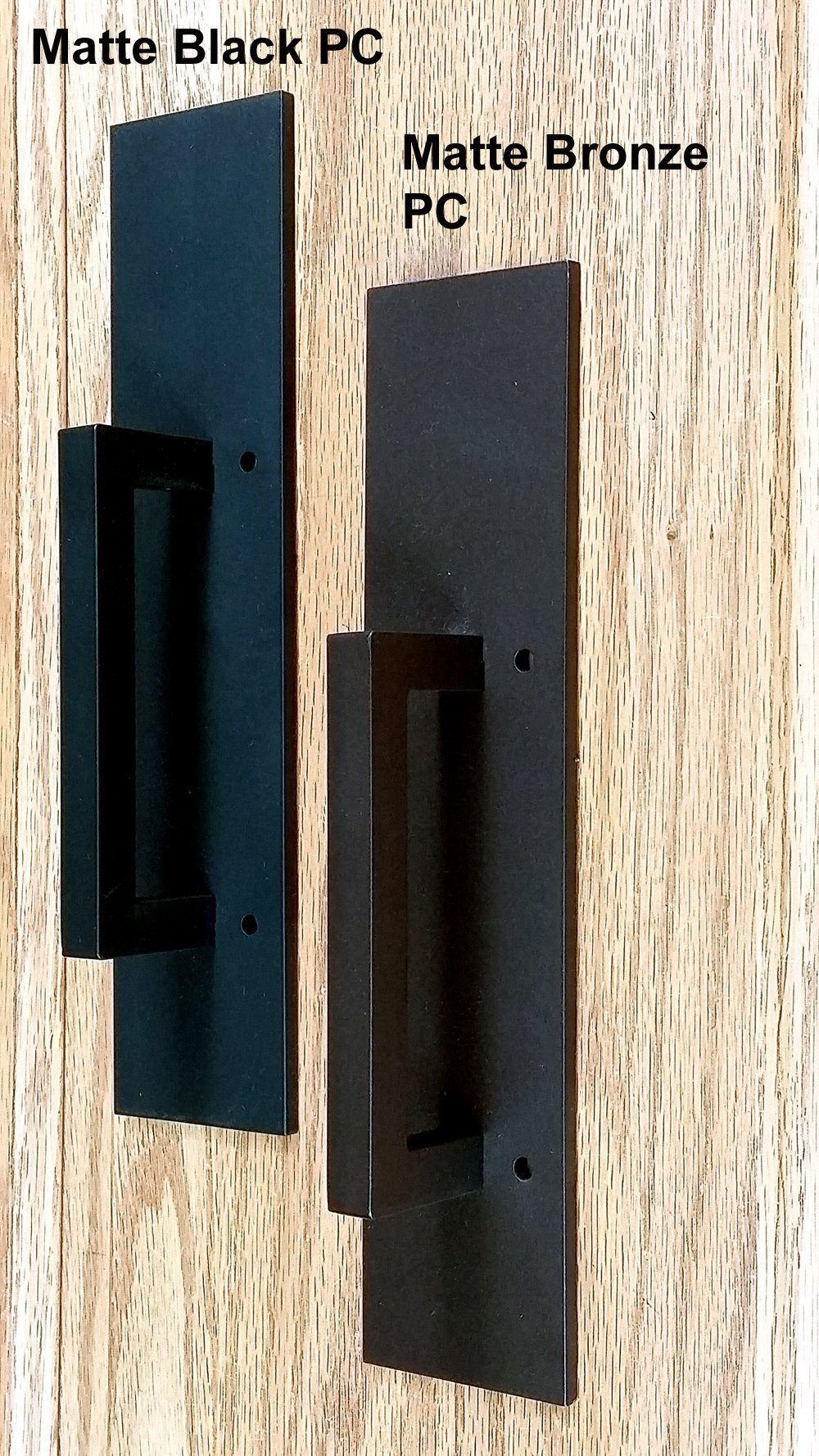 Plain rectangular barn door handles in matte black and matte bronze finishes, 10 inches, sold individually.