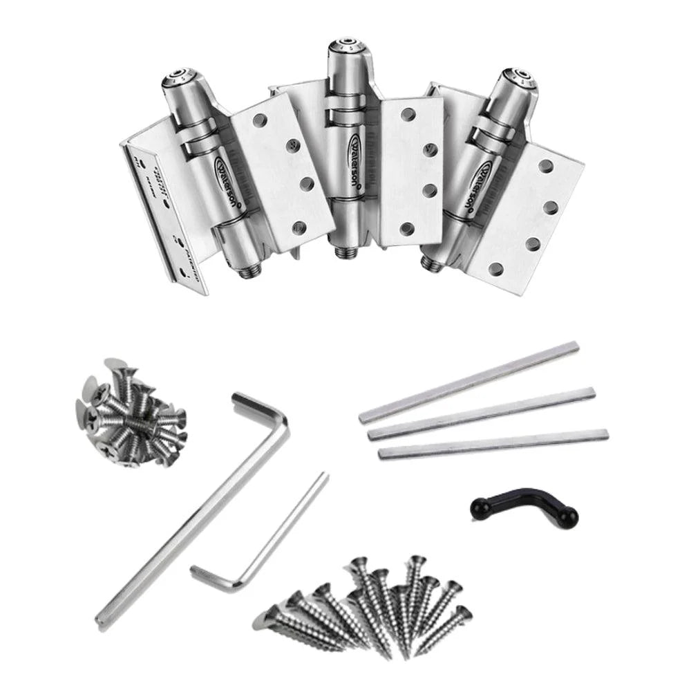 Mechanical adjustable swing clear hinges in stainless steel, 4.5” x 4.5”, fire-rated, sold in a 3 pack with screws and tools.