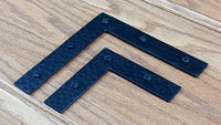 Hand-forged rustic L brackets with square ends in 4-inch and 6-inch sizes, includes rustic head screws.