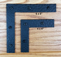 Hand-forged rustic L brackets in 4-inch and 6-inch sizes with square ends, includes rustic head screws. Sold individually.