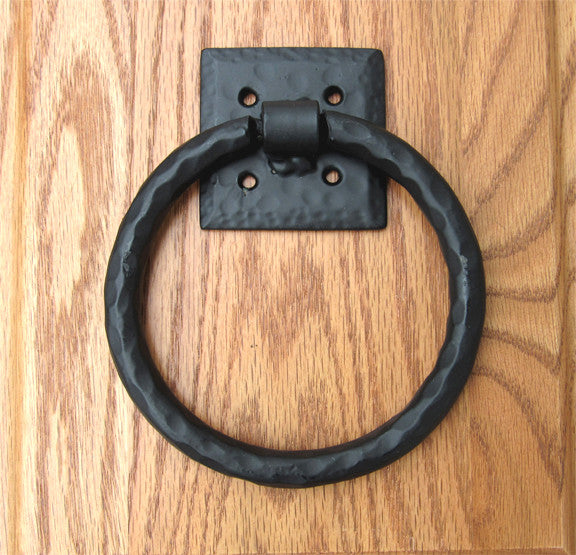 Distressed 5-inch ring pull with a hammered back plate, ideal for cabinets and doors, sold individually.