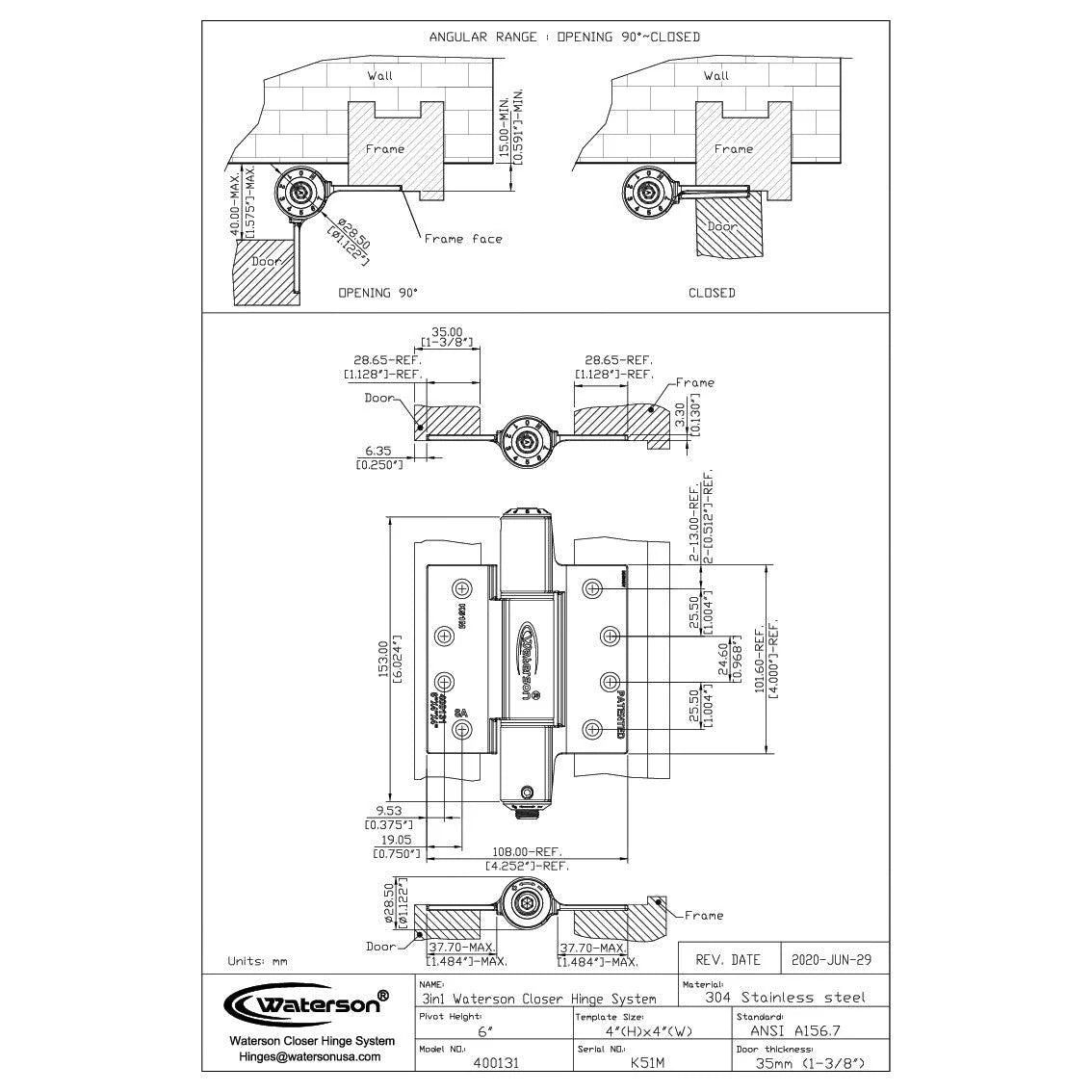 Heavy duty arch door closer with self-closing spring hinges, 4"x4", 304 stainless steel, for thick doors up to 260 lbs.