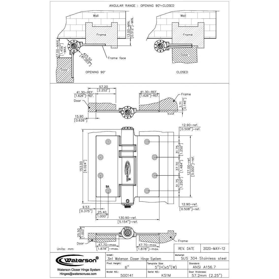 Mechanical adjustable self-closing hinge in stainless steel, 5"x5", for heavy doors, fire-rated, 3-pack.