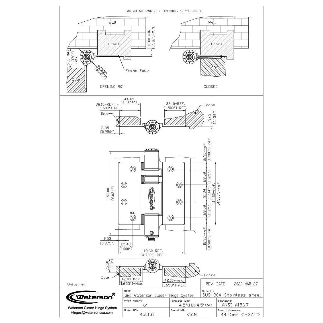 Fire rated self-closing hinge set, 4.5x4.5 inches, 304 stainless steel for 1-3/4 inch thick doors, 3 pack.