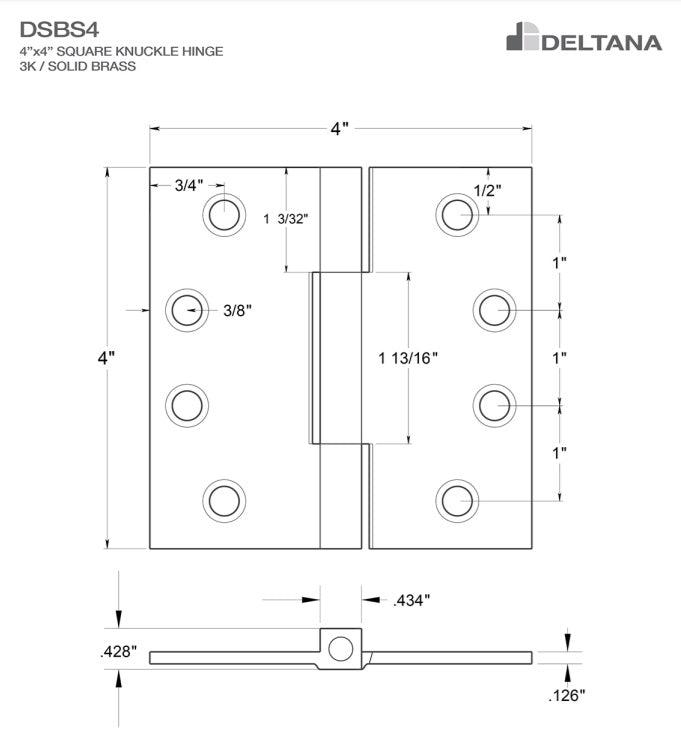 Solid brass square knuckle hinges 4"x4" in a 2 pack, ideal for durable door and cabinet applications.