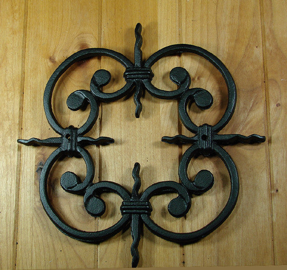 Decorative 10x10 inch door and gate grille featuring an ornate design, available in multiple finishes. Sold individually.