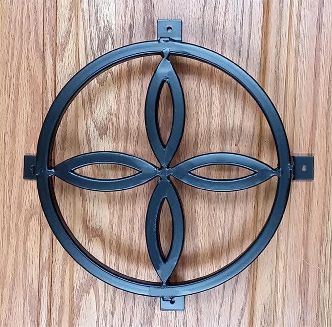 Decorative 10-inch black powder-coated door and gate grille featuring a circular design with four leaf shapes.