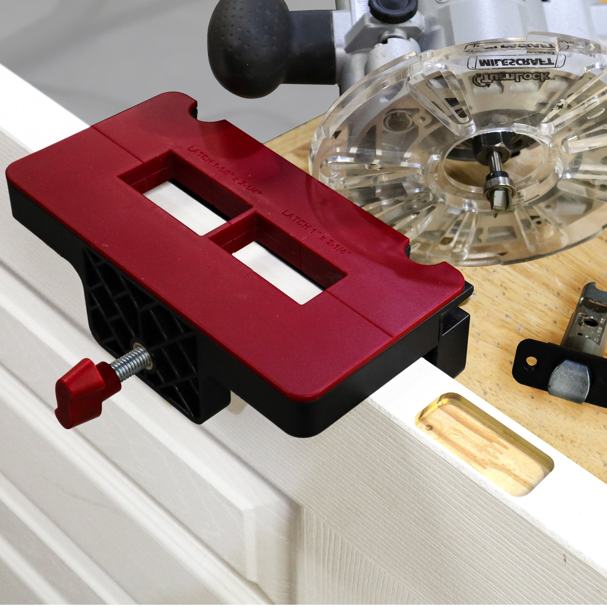 Self-clamping door hinge jig for precise installation of hinges and latches, designed for easy use and accuracy.