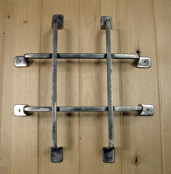 Economy rustic flat tip door and gate grille with four bars, unfinished, measuring 12-1/4 x 13-1/2 inches.