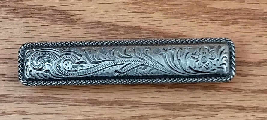 Engraved drawer pull with rope edge design in old silver finish, sold individually for cabinets and furniture.