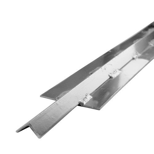 Galvanized steel V-track measuring 19 feet, featuring a 1-inch angle and 4-inch flat, sold individually for various applications.