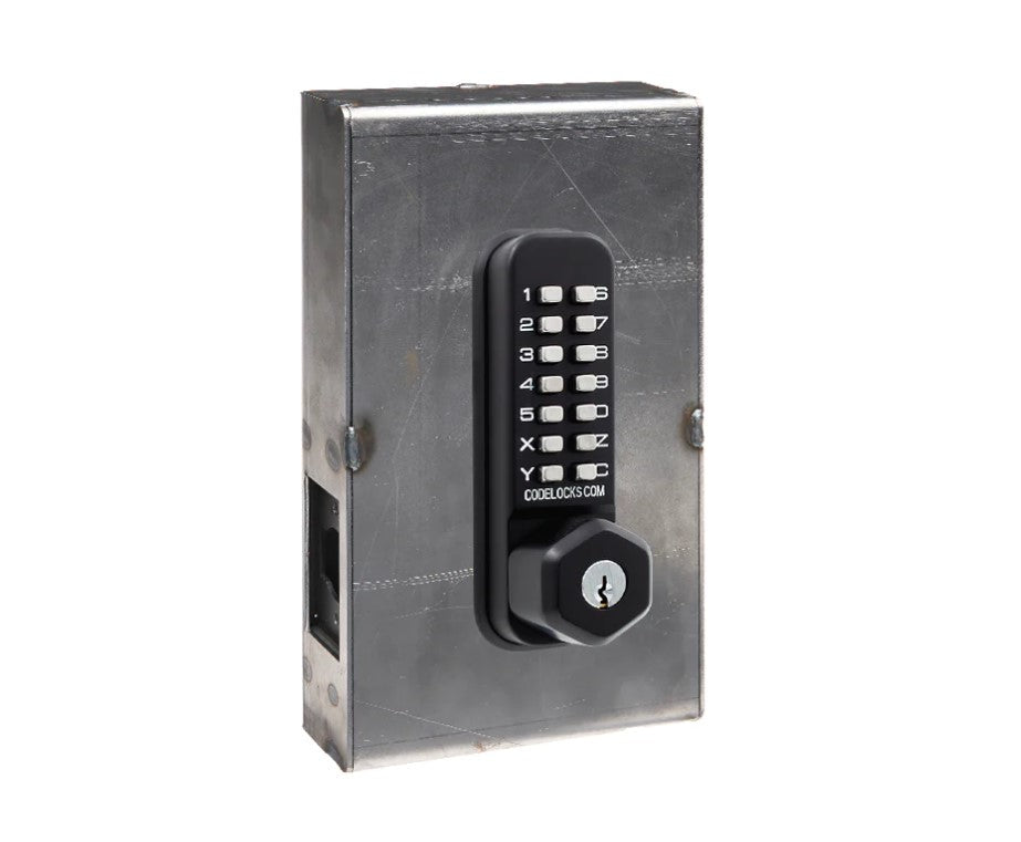 Mechanical gate lock kit featuring a steel box, numeric keypad, and key override option in multiple finishes.