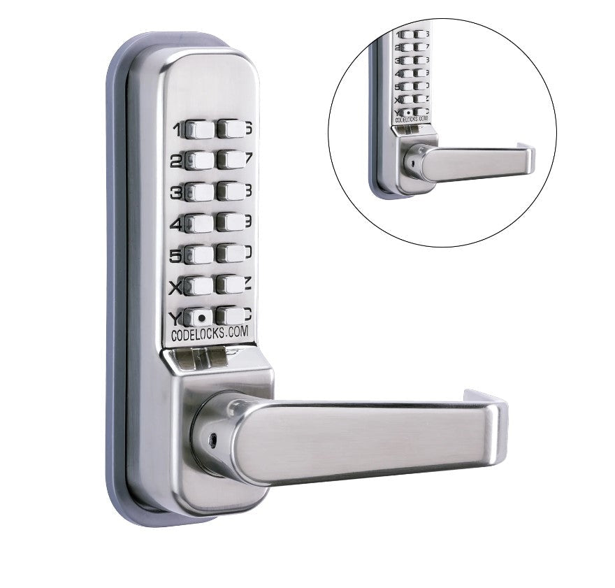 Mechanical gate lock with keypad for code entry, featuring a medium-duty tubular latchbolt in various finishes.