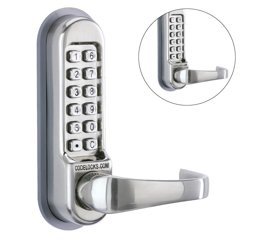Heavy-duty mechanical gate lock with keypad, tubular latchbolt, available in multiple finishes, sold individually.