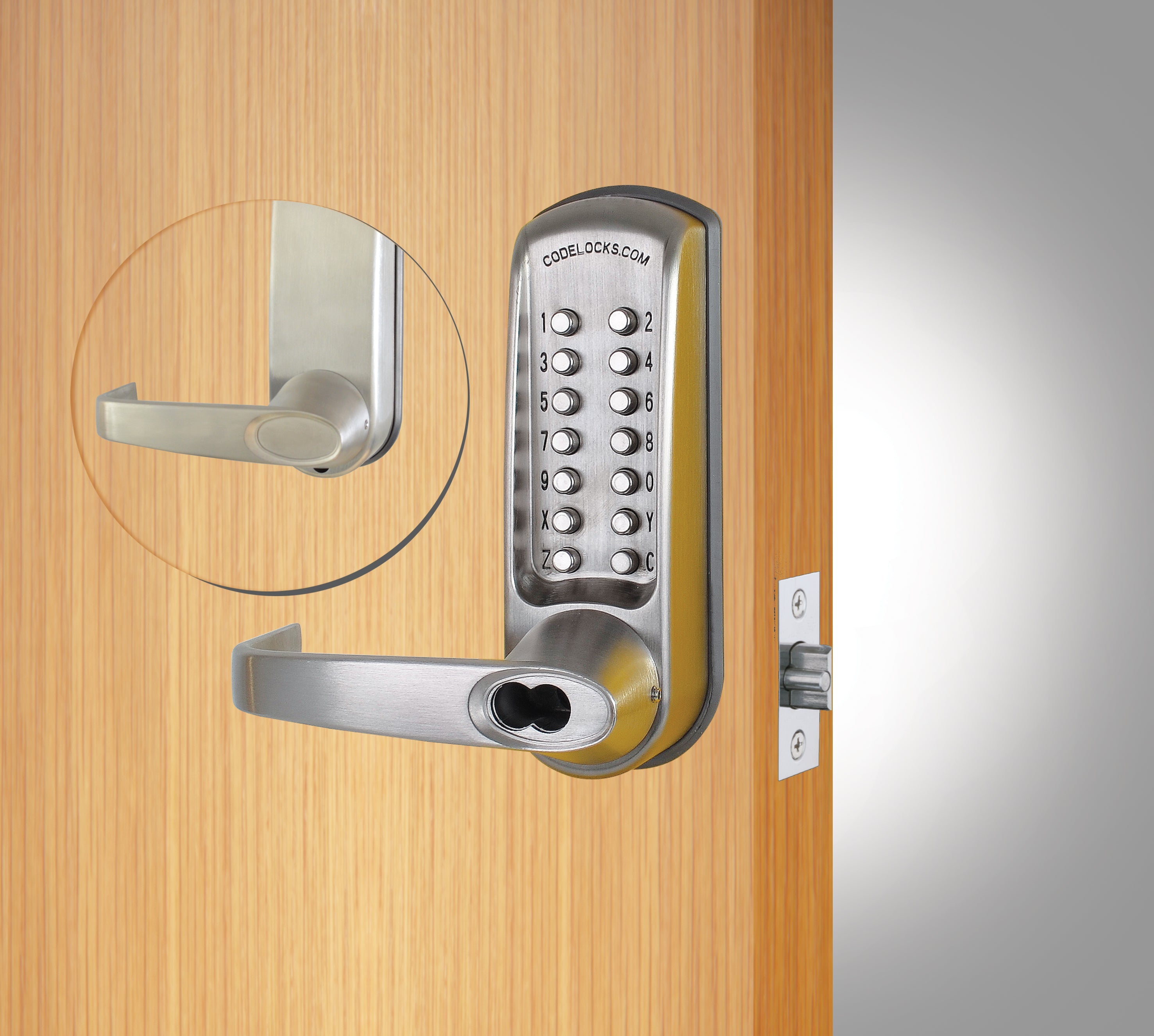 Heavy-duty mechanical gate lock with keypad for code entry, featuring a tubular latchbolt and quick code change.