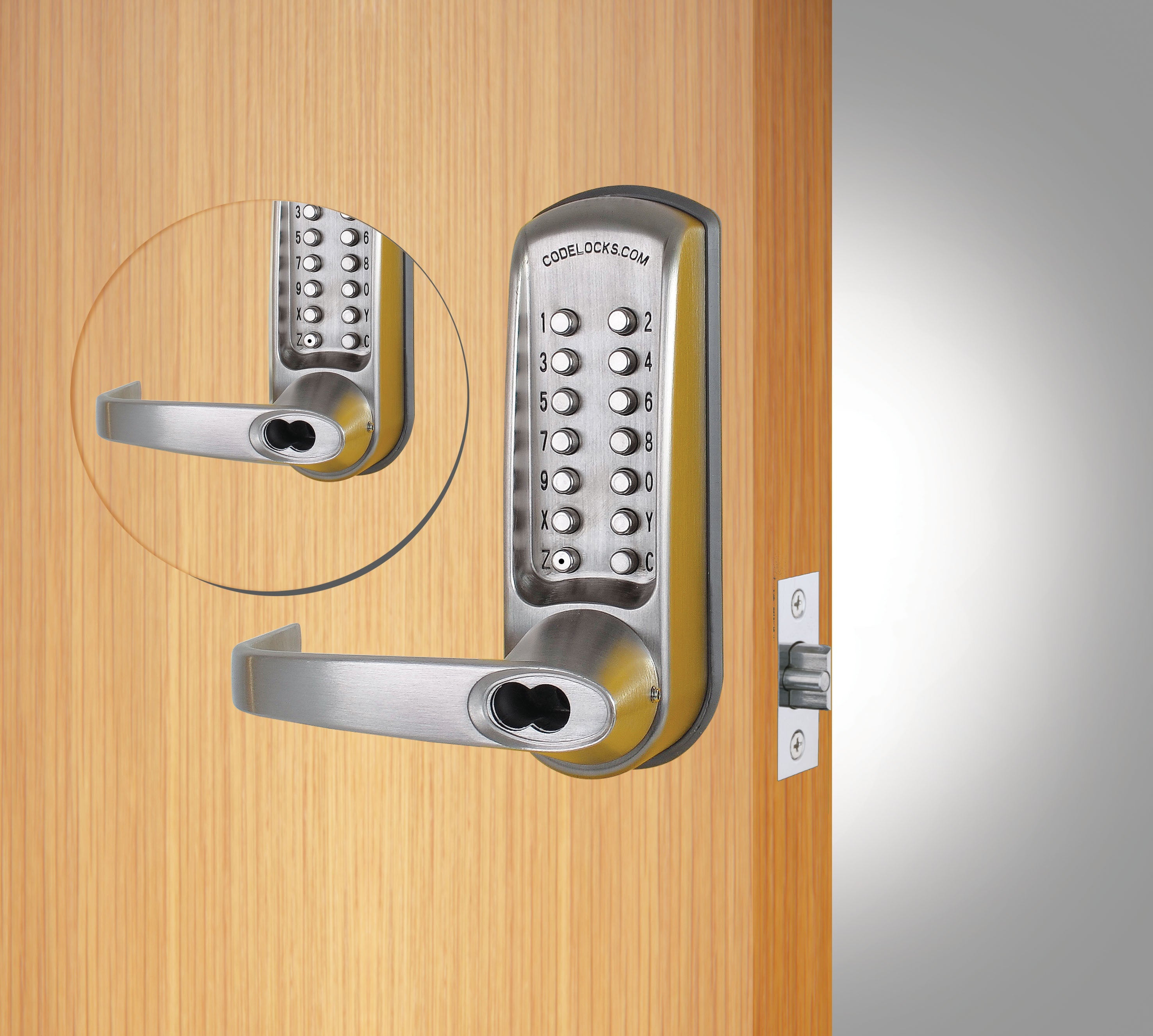 Heavy-duty mechanical gate lock with keypad for code entry, featuring a tubular latchbolt and quick code change.