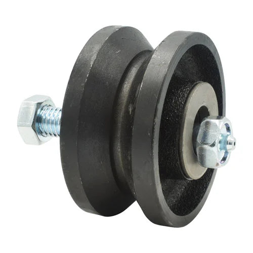 Cast iron V-groove gate wheel, 3 inches by 1.5 inches, designed for smooth gate operation, sold individually.
