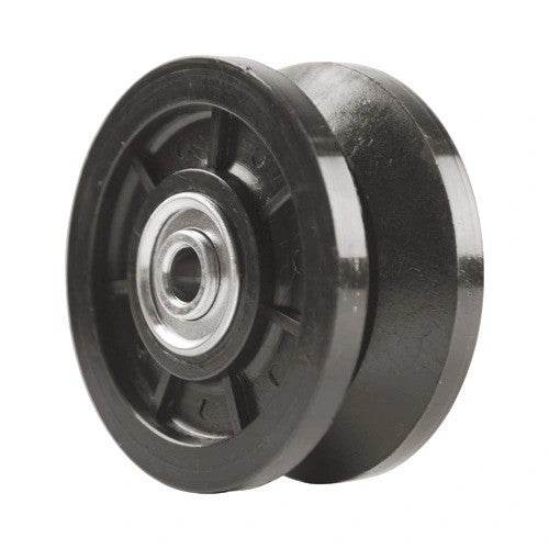 Nylon plastic V-groove gate wheel, 4 inches by 1.75 inches, designed for smooth gate operation, sold individually.