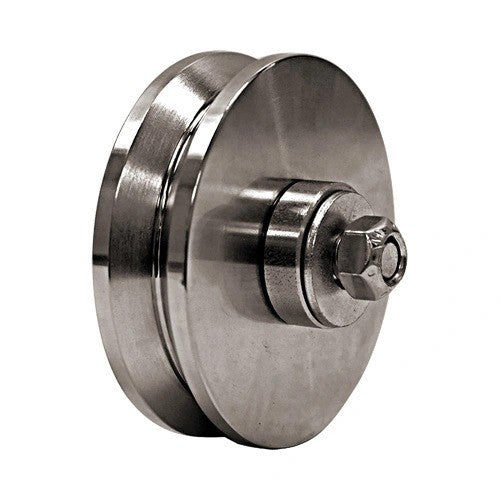 Steel V-Groove power wheel measuring 4 inches by 1-1/8 inches, ideal for gate applications, sold individually.