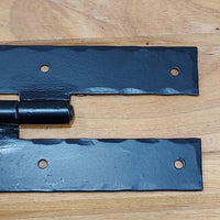 Hand-forged 9-inch HL hinges for gates and doors, sold in pairs, featuring a durable black finish.