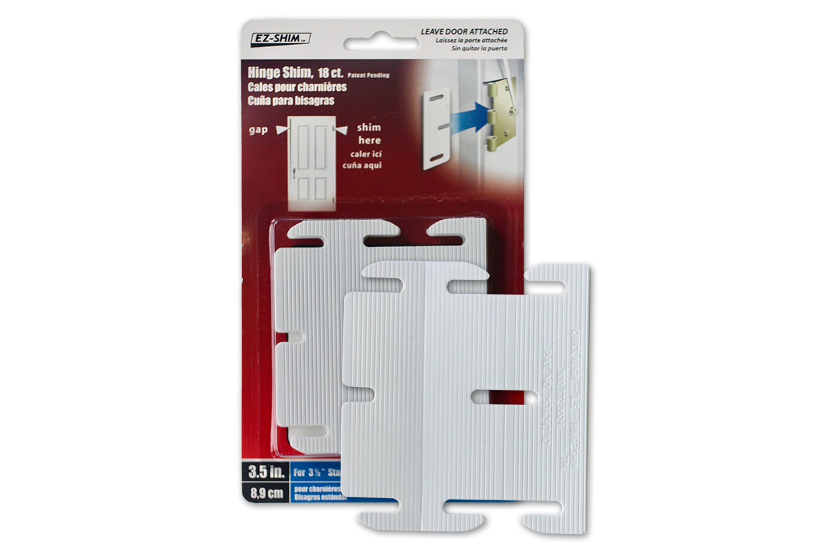 Door hinge shims for straightening doors, available in 3.5, 4, or 4.5 inches, made in the USA for easy installation.