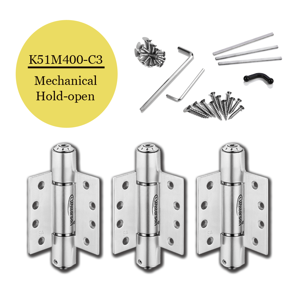 Heavy duty self-closing spring hinges in a 3-pack, 4x4 inches, for doors up to 260 lbs, made of 304 stainless steel.